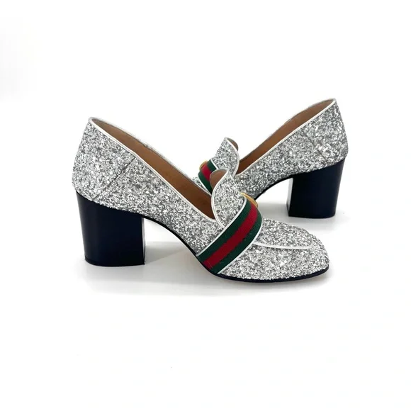 Gucci Web Stripe GG Peyton Silver Glitter Square Toe Platform Heeled Loafers 36 - Picture 5 of 10